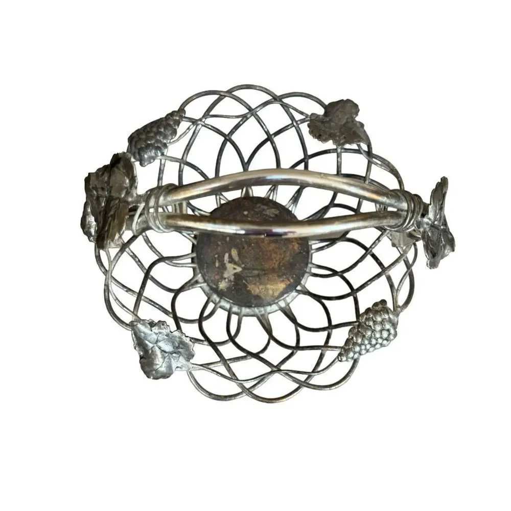 Godinger Silver Plate Open Weave Fruit Bread Bowl Movable Handle Vintage Grapes